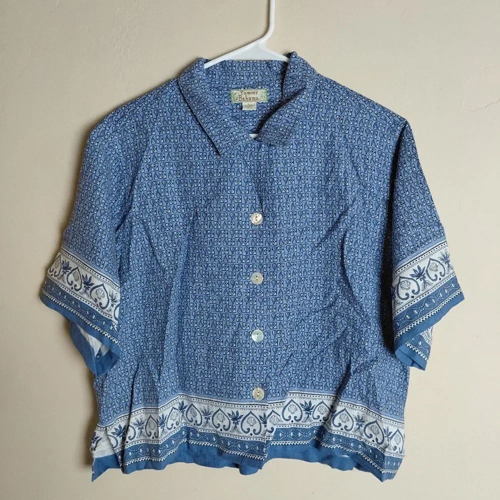 Tommy Bahama Silk Blouse Womens Large Blue Pattern Button Up Short Sleeve NWOT